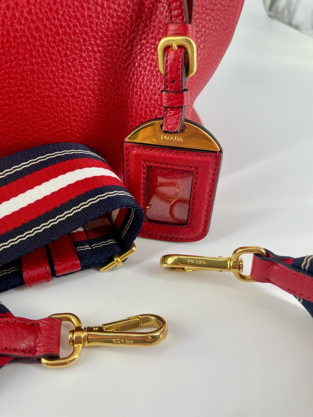 Prada Vitello Phenix Rosso Red Pebbled Leather Satchel with Guitar Striped Strap - Picture 6 of 11